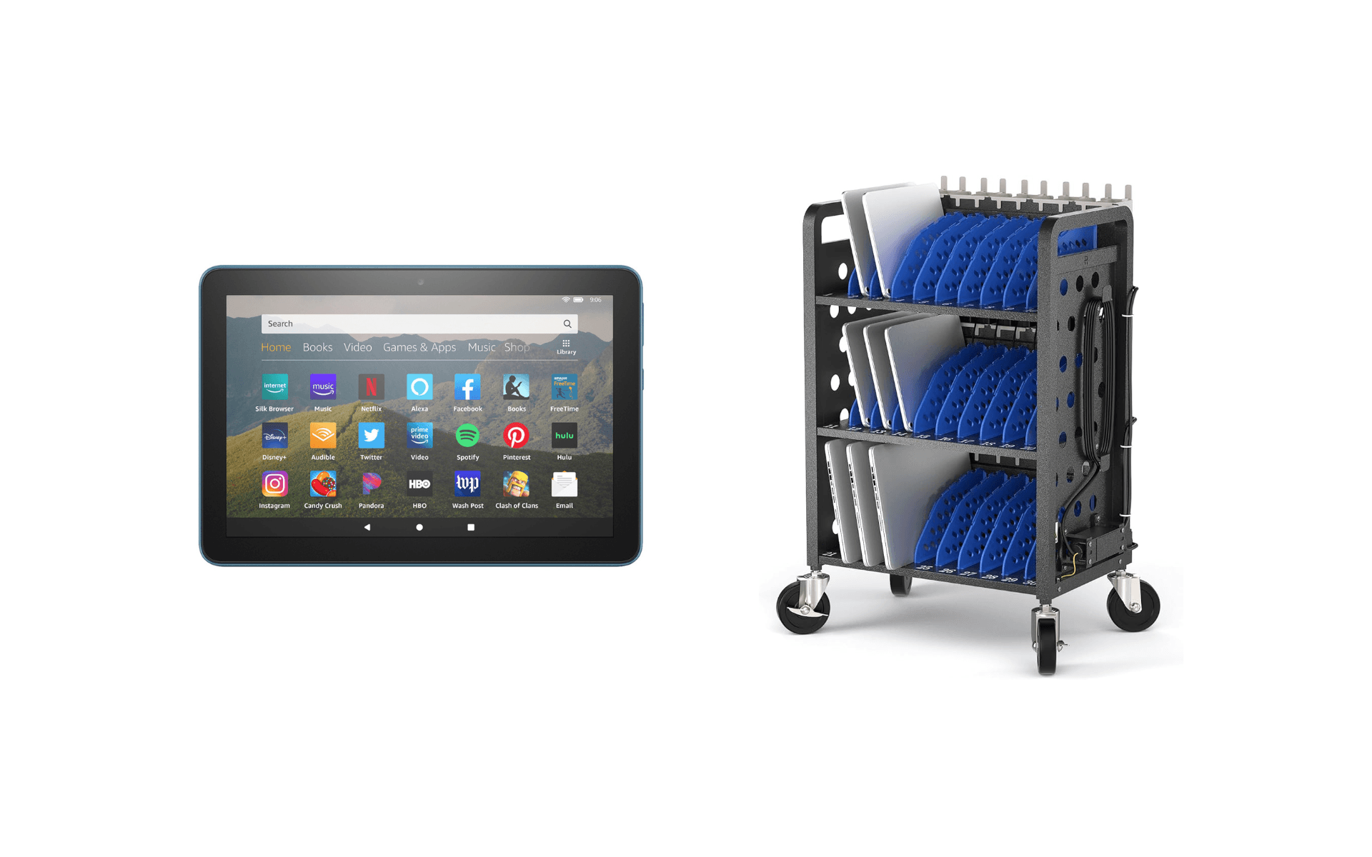 Carro de carga con tablets organizadas y listas para uso educativo en el aula.