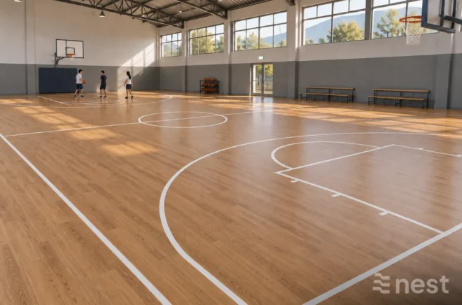Cancha cubierta con piso vinílico de apariencia madera y líneas blancas de demarcación deportiva