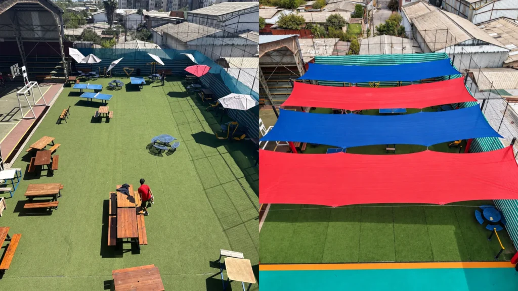 Antes y después del patio de Denver School con toldos vela rojos y azules