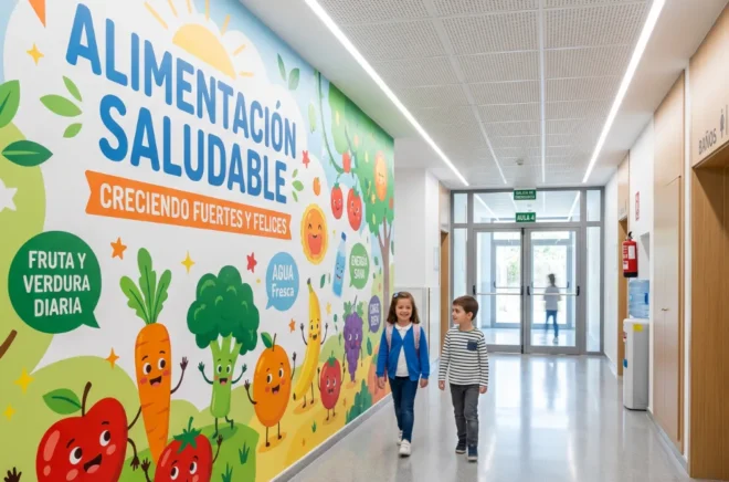 Mural sobre alimentación saludable con ilustraciones de alimentos en un pasillo escolar